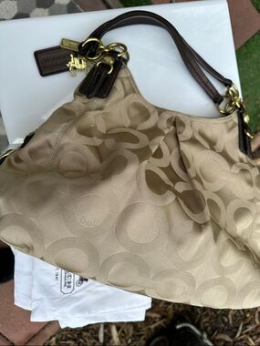 Coach Tan Signature Jacquard Shoulder Bag with Brown Leather Trim